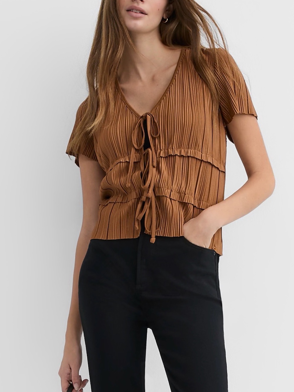Loft Pleated Tie-Front Short Sleeve Top - Brown M